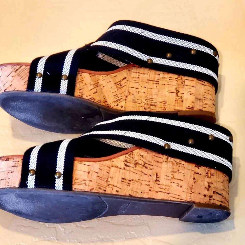 Cork Wedge Navy Blue & White Sandals Slip On Shoes Wedge Nautical Espadrilles